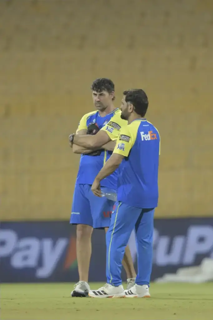 May 1, 2026, Chennai, Tamil Nadu, India: Stephen Fleming and MS Dhoni of Chennai Super Kings in conversation during the practice sessions ahead of the Chennai Super Kings vs Mumbai Indians, IPL 2026 match at the MA Chidambaram Stadium, Chennai, India